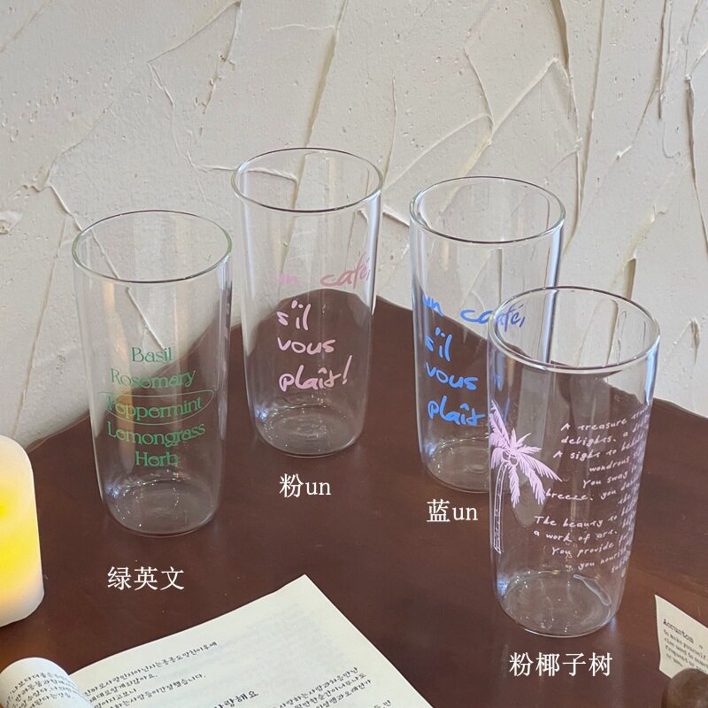 夏日玻璃杯自制ins风玻璃杯简约字母水杯女生牛奶咖啡杯早餐杯子图片