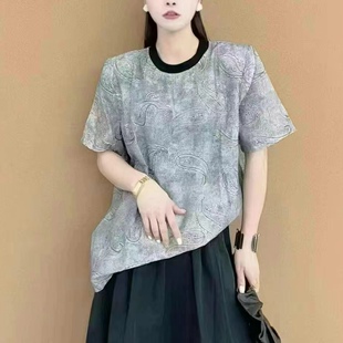 短袖T恤女2025春夏新款欧韩货复古火腿花宽松百搭显瘦网红上衣ins