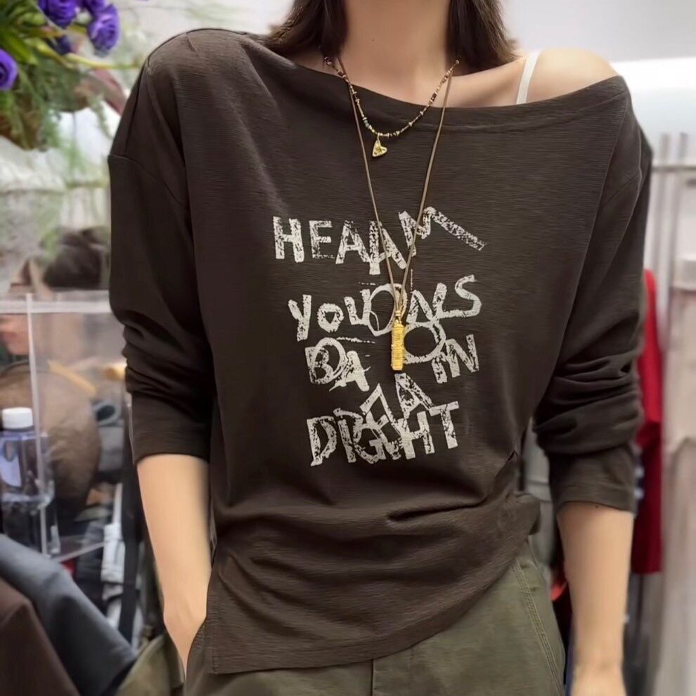 欧洲站2026早秋季新韩版时尚一字斜肩显瘦百搭字母印花长袖T恤女