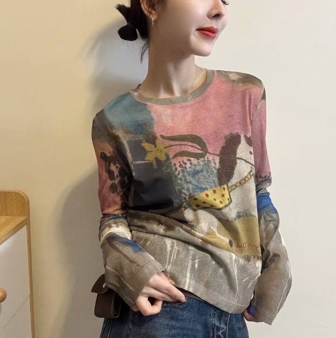 夏日多巴胺风晕染小马长袖T恤女2026新款修身显瘦薄款打底衫上衣