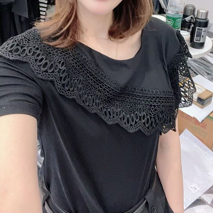 韩版收腰2026夏季新款蕾丝荷叶边拼接显瘦短袖T恤女圆领通勤上衣