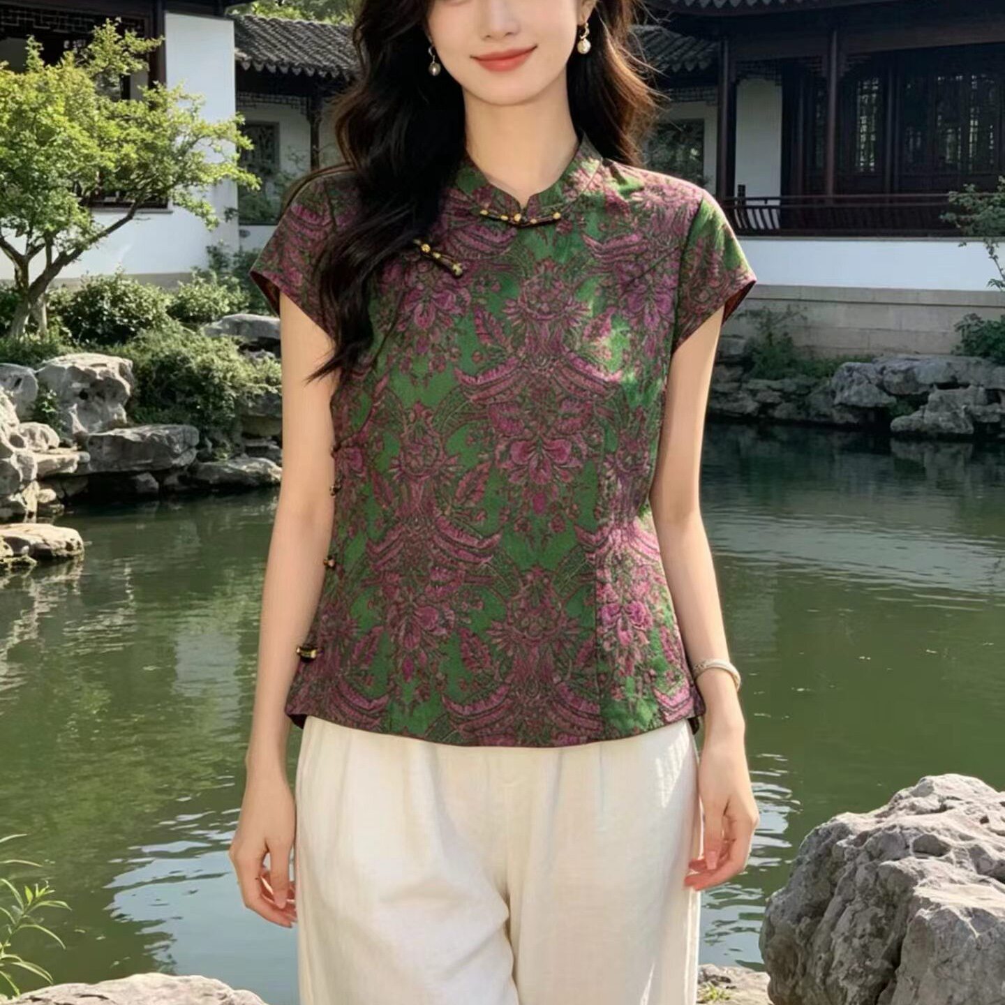 夏季新中式印花立领短袖人丝上衣女气质修身优雅减龄宽松百搭休闲