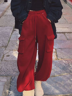 欧货冬季款 松紧腰宽松休闲可抽绳工装加绒卫裤女阔腿弯刀休闲裤