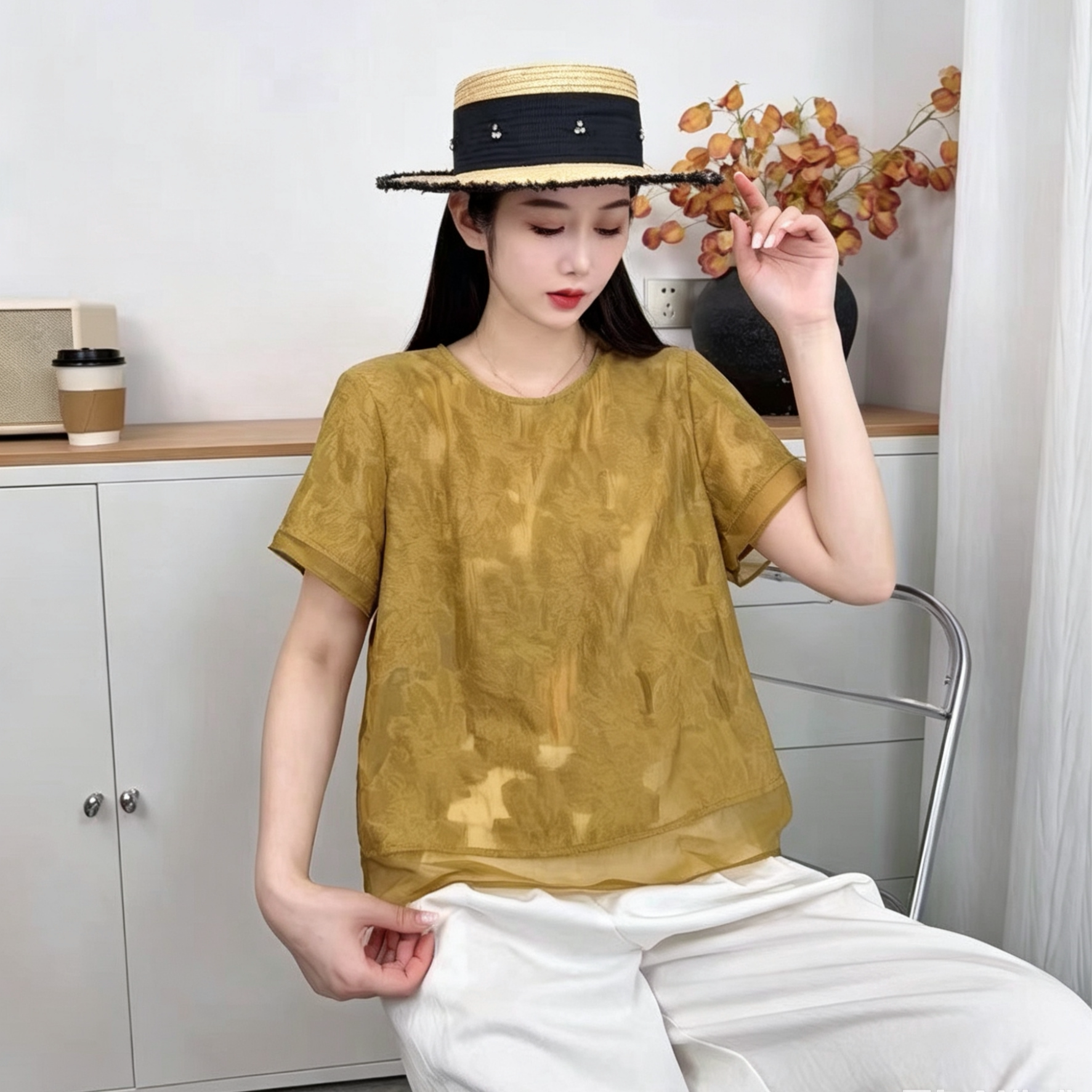 提花暮云纱拼接短袖衬衫女夏季2026新款显瘦百搭减龄小衫上衣潮