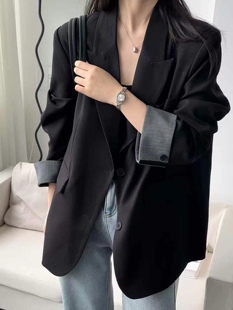 黑色西装 拼色挽袖 经典 宽松休闲西服 新款 时尚 外套女2026年春季 韩版