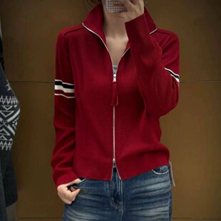 欧货秋冬新款双袖三条杠拼接高领拉链长袖羊毛开衫减龄显瘦毛衣
