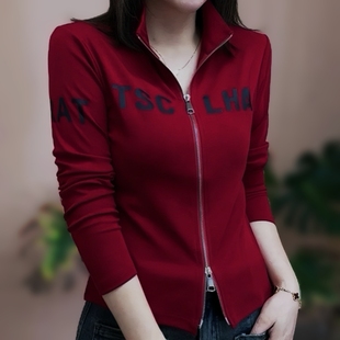 欧洲站女装百搭新款春夏字母双拉链女长袖t恤短款修身上衣设计感