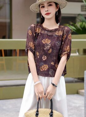 欧版夏季复古碎花雪纺衬衫女时尚百搭圆领泡泡袖减龄显瘦气质上衣