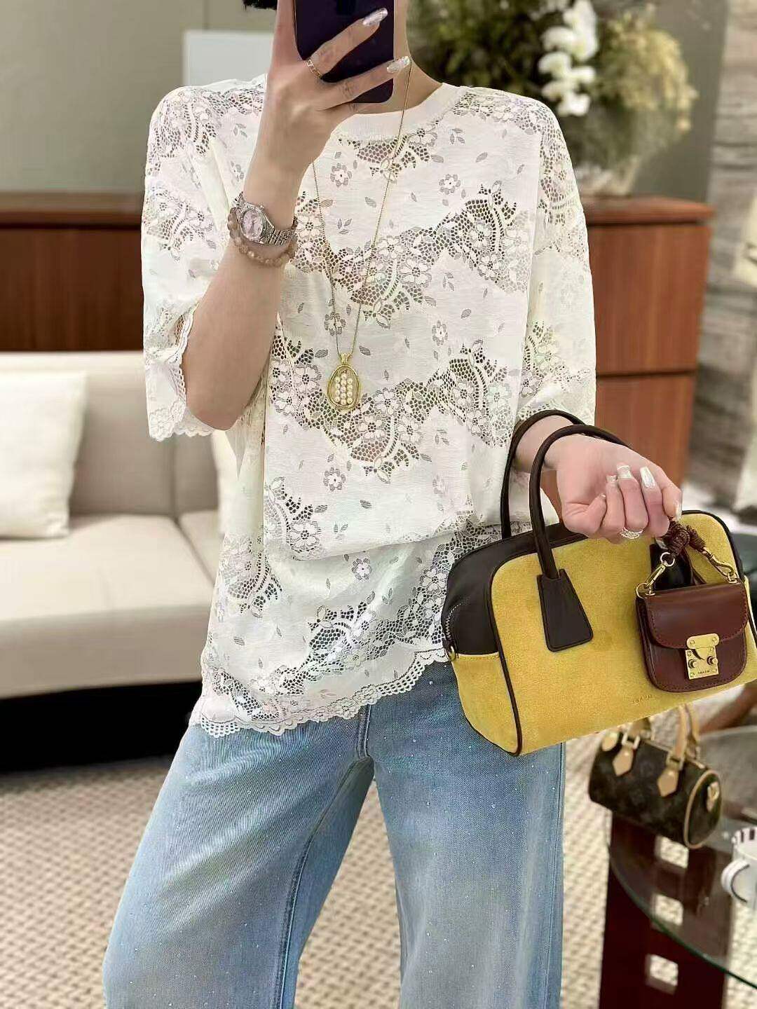钩花镂空蕾丝短袖t恤女2026年夏季新款宽松显瘦百搭洋气圆领上衣
