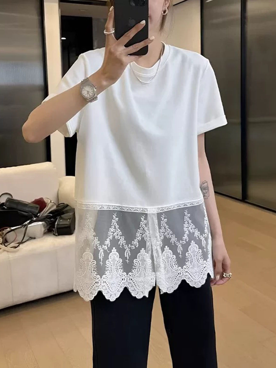 设计感下摆蕾丝拼接短袖T恤女欧货2026春季新款内搭圆领宽松上衣