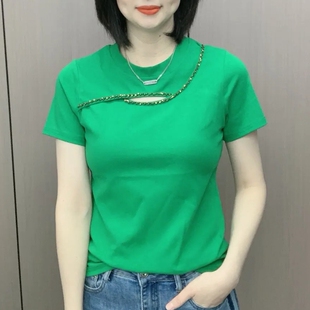 夏季新款设计感小众漏洞钉珠T恤女修身显瘦百搭体恤上衣小衫