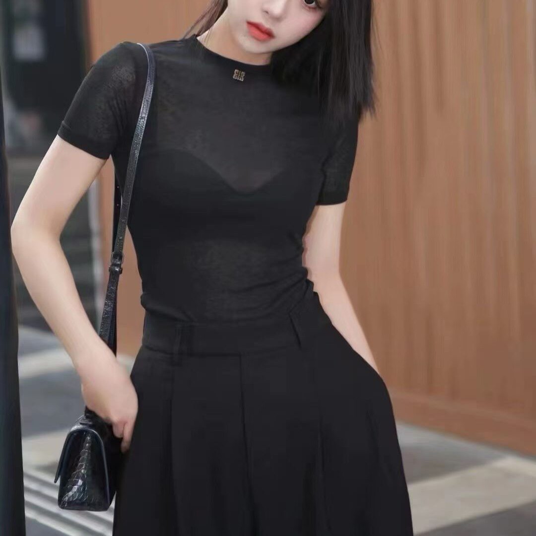 冰丝网纱短袖T恤女夏季2026年新款韩版修身圆领薄款短款黑色上衣