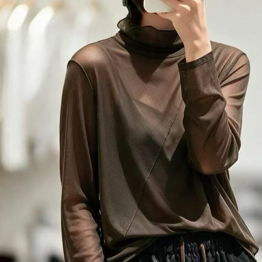 黑色半高领打底衫女秋季高级感褶皱长袖t恤修身正肩上衣2026新款