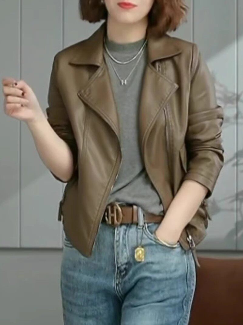 咖色皮衣机车欧货20223春装新款西装领短款休闲女款今年流行外套