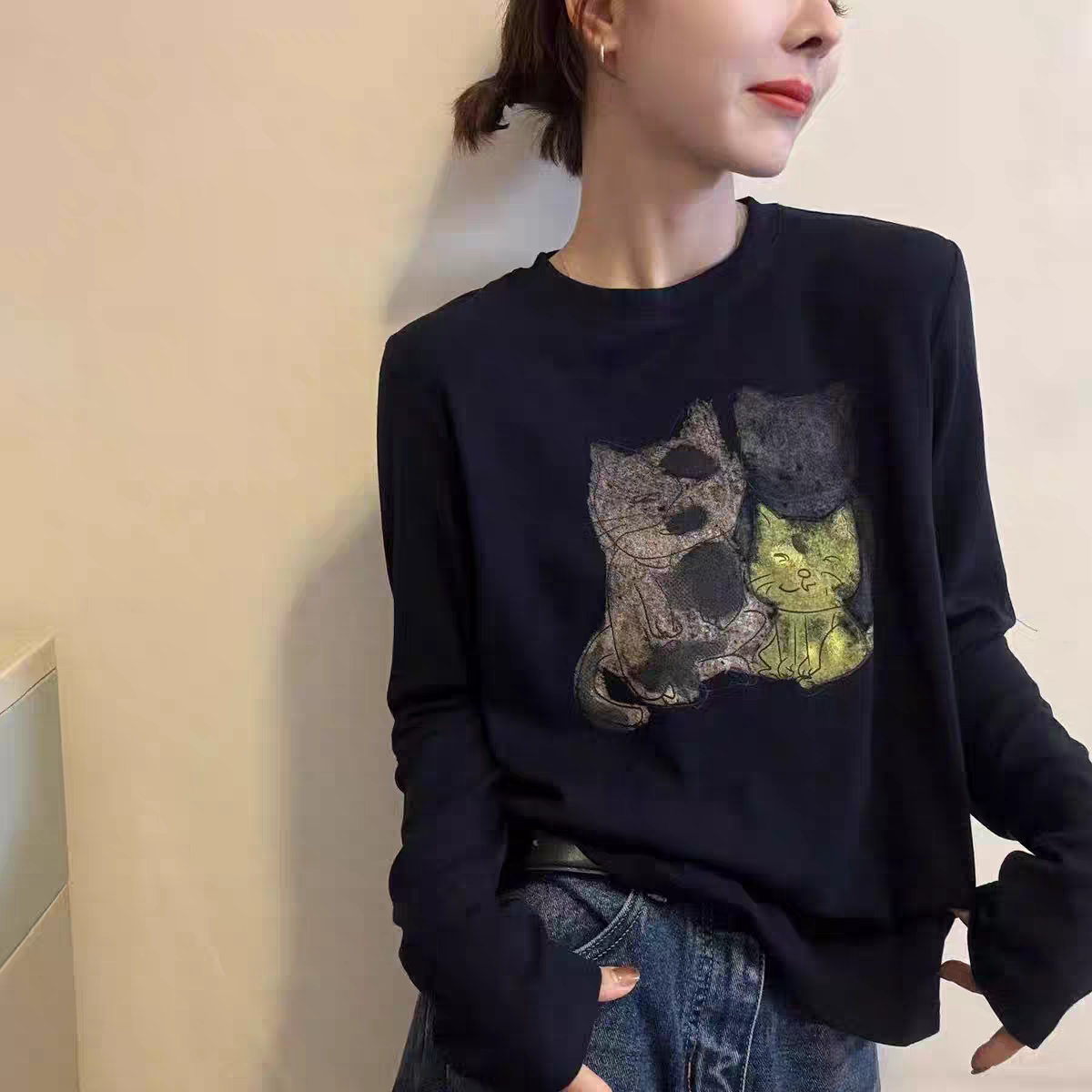欧洲站2026秋季新款欧货休闲圆领宽松版猫咪印花长袖T恤女打底衫