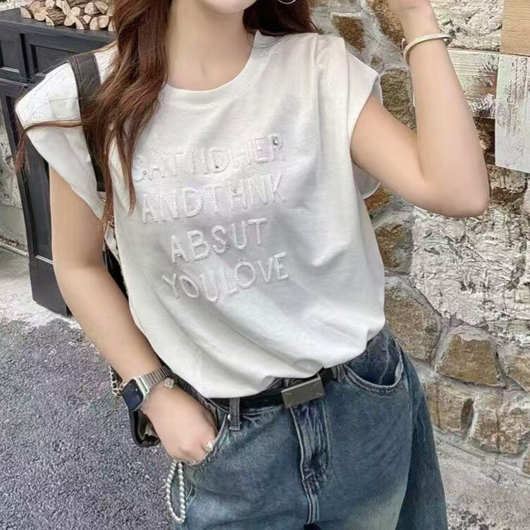 字母钉珠垫肩无袖T恤女欧洲站2026夏季新款圆领宽松百搭显瘦上衣