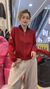 欧洲站2025冬季欧货时尚高领纯色双拉链手臂贴标羊毛针织衫开衫女