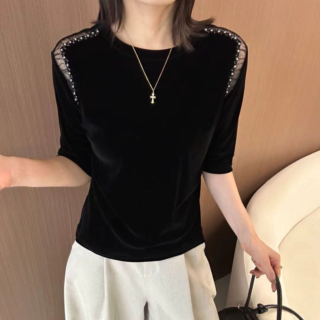 重工拼接金丝绒中袖T恤女欧洲站2026秋款新款欧货女装洋气小衫潮
