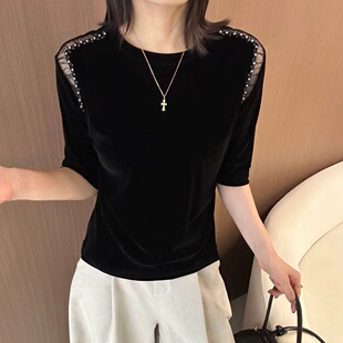 重工拼接金丝绒中袖T恤女欧洲站2026秋款新款欧货女装洋气小衫潮