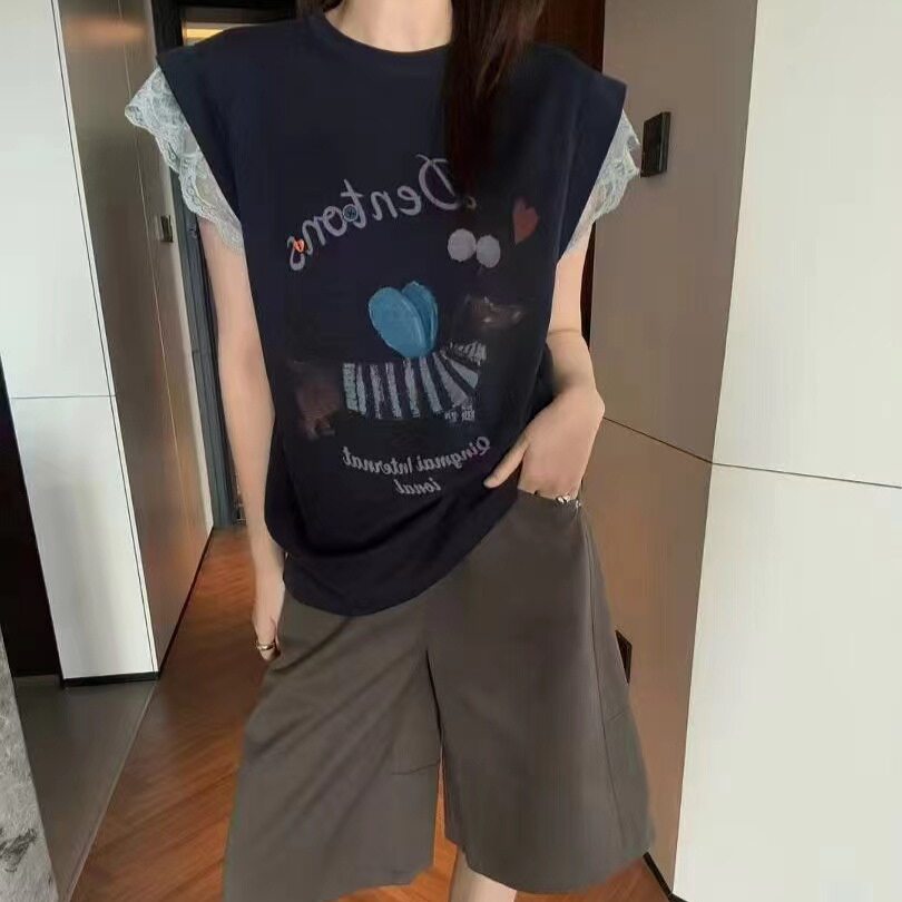 欧洲站女装2026夏季新款卡通印花无袖T恤蕾丝拼接袖休闲百搭背心