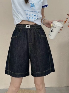 薄款 5分中褲 女2025新款 深藍色寬松直筒五分褲 夏季 松緊腰牛仔短褲