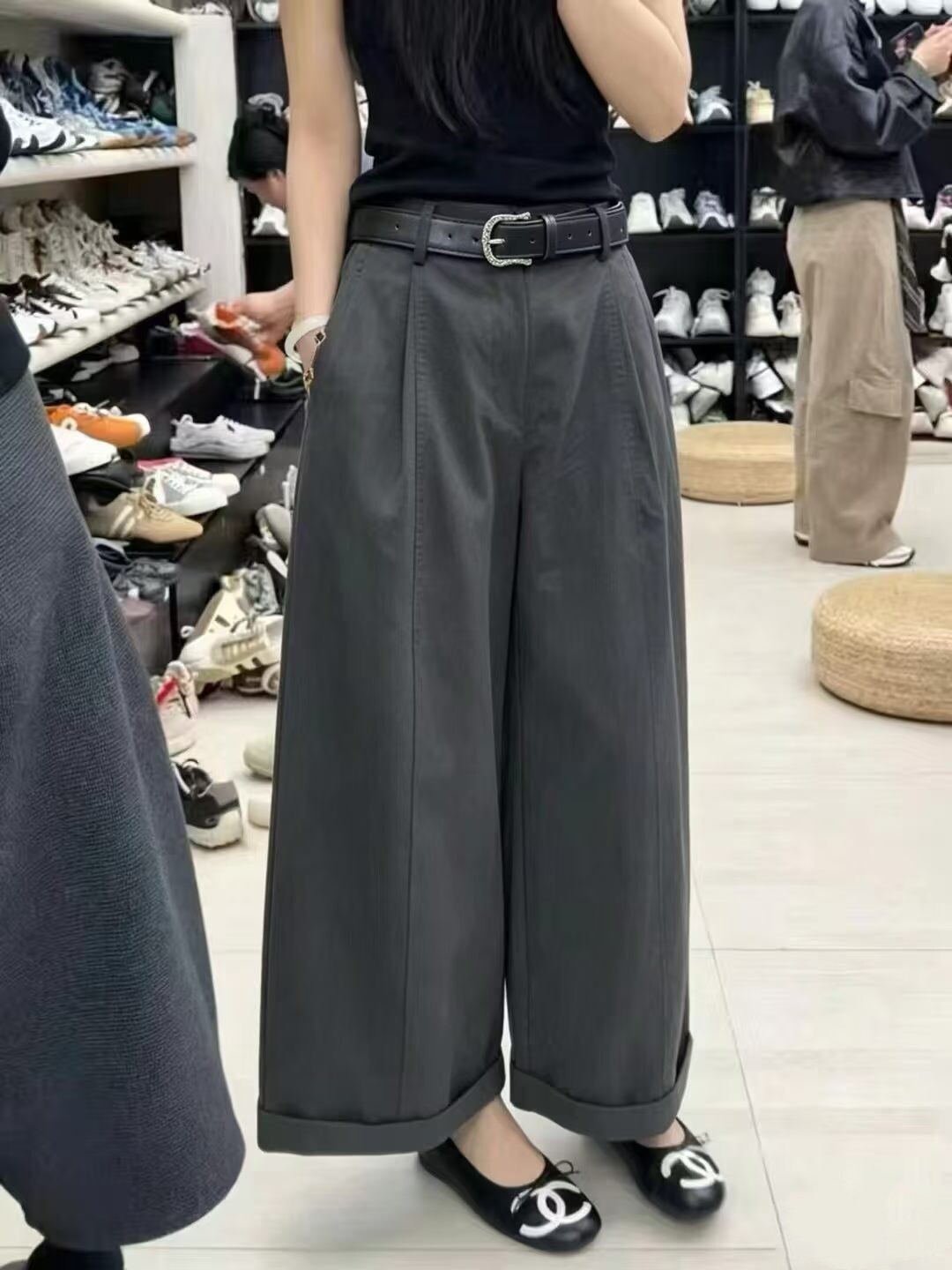 高级灰韩版休闲卷边弯刀裤女2026夏季新款宽松显瘦九分直筒阔腿裤