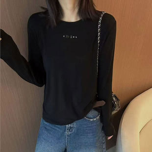 秋款植绒字母长袖T恤女纯色宽松显瘦洋气减龄小衫体恤内搭上衣服