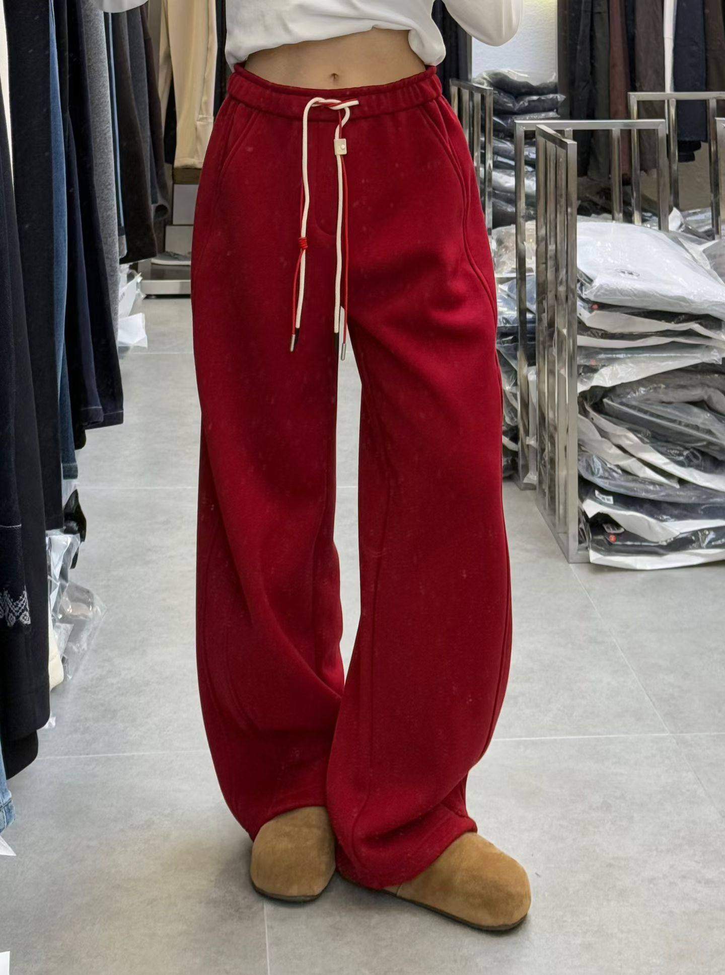 抽绳高腰加绒弯刀阔腿卫裤女欧版2025冬季宽松显瘦直筒休闲裤长裤