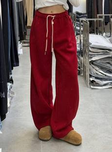 抽绳高腰加绒弯刀阔腿卫裤女欧版2025冬季宽松显瘦直筒休闲裤长裤