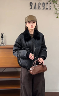 欧洲站2025冬新款韩版水貂毛翻领毛领白鸭绒时尚短款羽绒服外套女