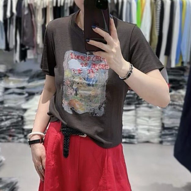 欧货涂鸦印花小马T恤女夏新款正肩显瘦百搭洋气减龄黑色短袖上衣