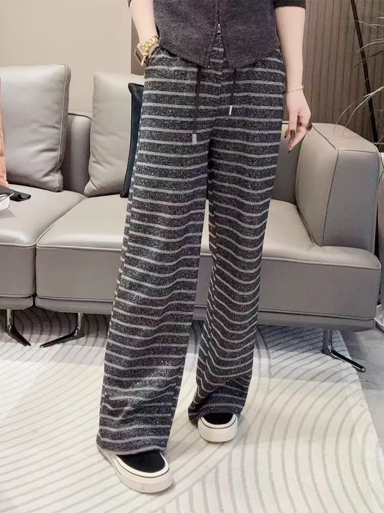 韩系撞色条纹阔腿裤子女新款春秋横条显瘦直筒裤休闲阔腿长裤