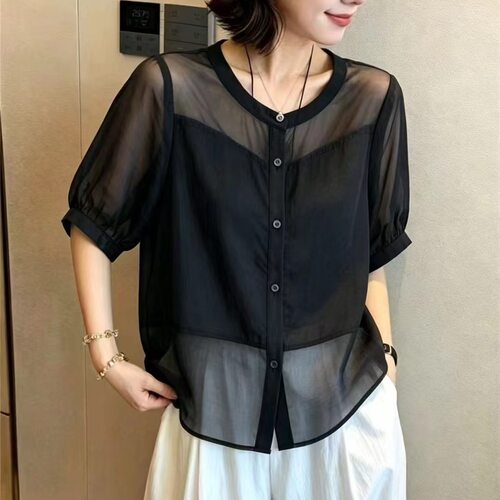 2026夏季新款韩版时尚圆领拼接网纱简约衬衫女士宽松显瘦纯色上衣