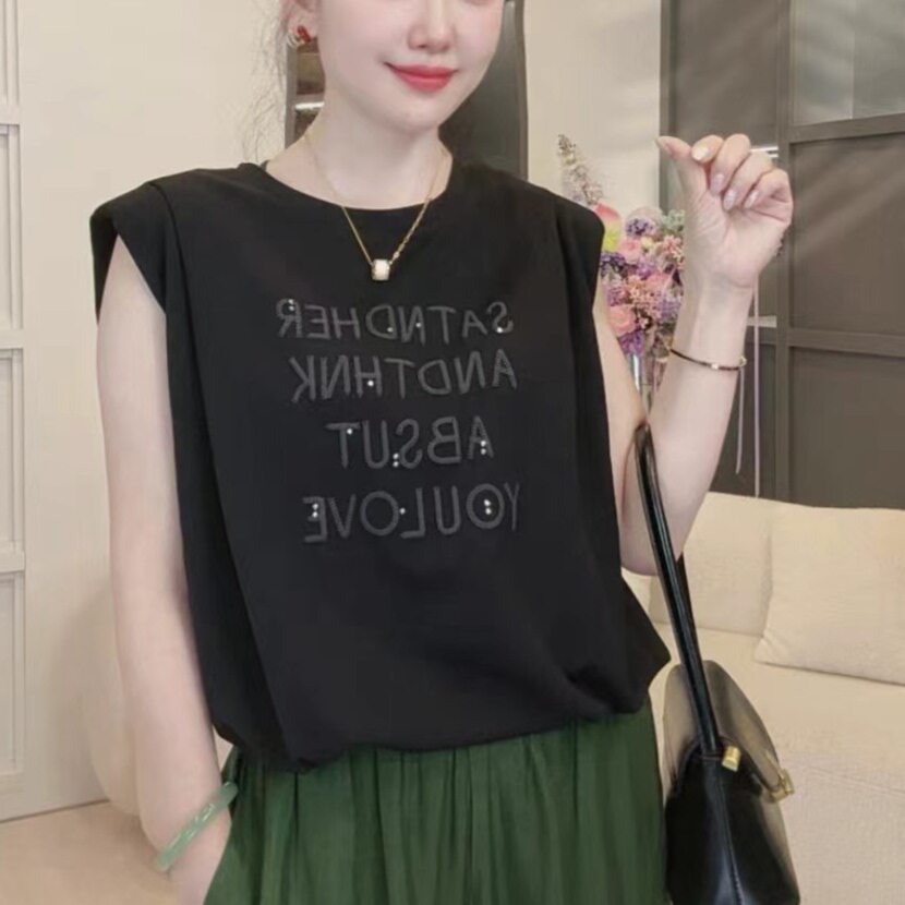 26夏新款欧货设计感烫钻时尚字母刺绣无袖T恤女下摆抽绳系带上衣