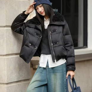 欧洲站2025冬新款韩版羊羔毛领翻领白鸭绒时尚醋酸羽绒服外套女