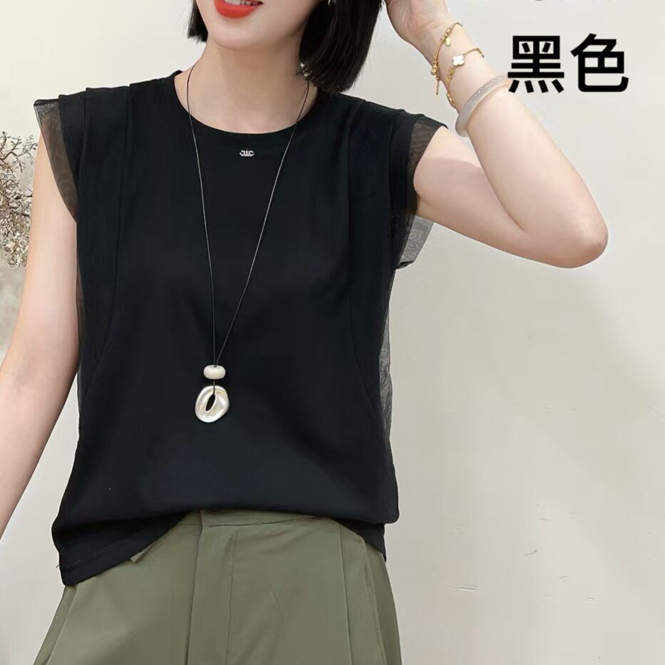 2026夏季新款设计感网纱拼接小飞袖T恤女洋气百搭显瘦背心上衣潮