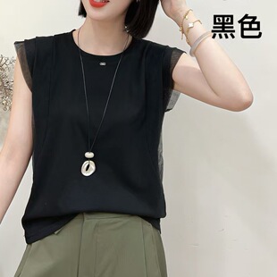 2026夏季新款设计感网纱拼接小飞袖T恤女洋气百搭显瘦背心上衣潮