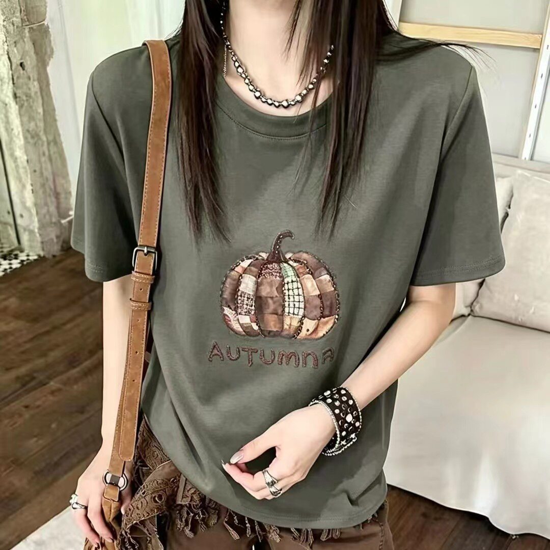 趣味南瓜印花搭配立体设计感短袖T恤女2026早秋圆领百搭时尚上衣