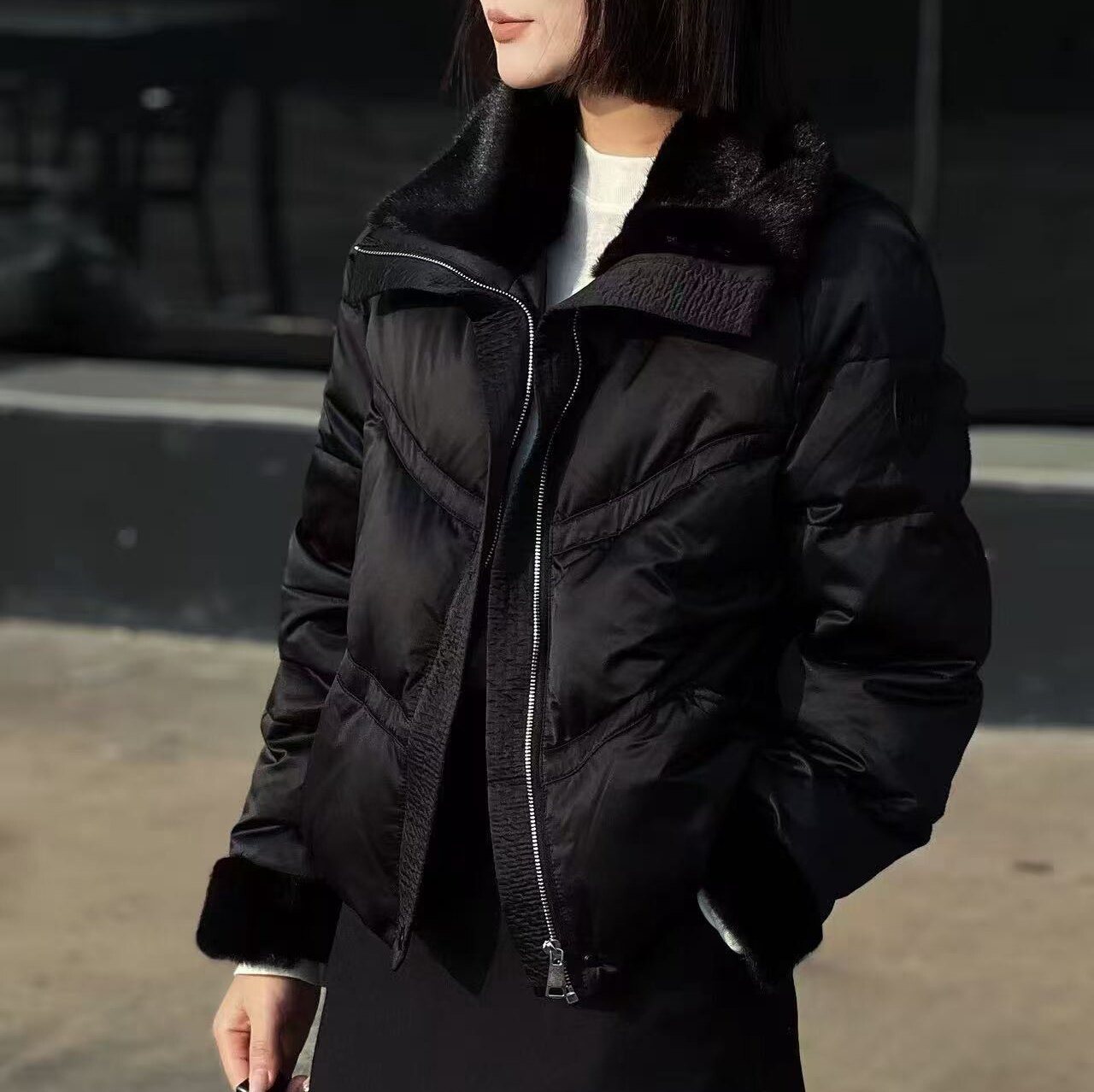 欧洲站2025冬新款韩版水貂毛翻领毛领桑蚕丝鸭绒时尚羽绒服外套女,女装/女士精品,羽绒服,淘宝优惠券,粉丝福利购,淘宝优惠卷