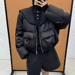 拼接羊毛呢海军领短款羽绒服女2025冬季新款小个子90白鸭绒外套潮