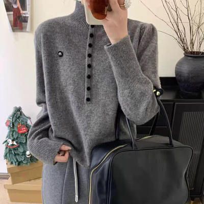 欧货2025秋冬新别致字母刺绣半高领套头羊毛针织衫灯笼袖打底上衣