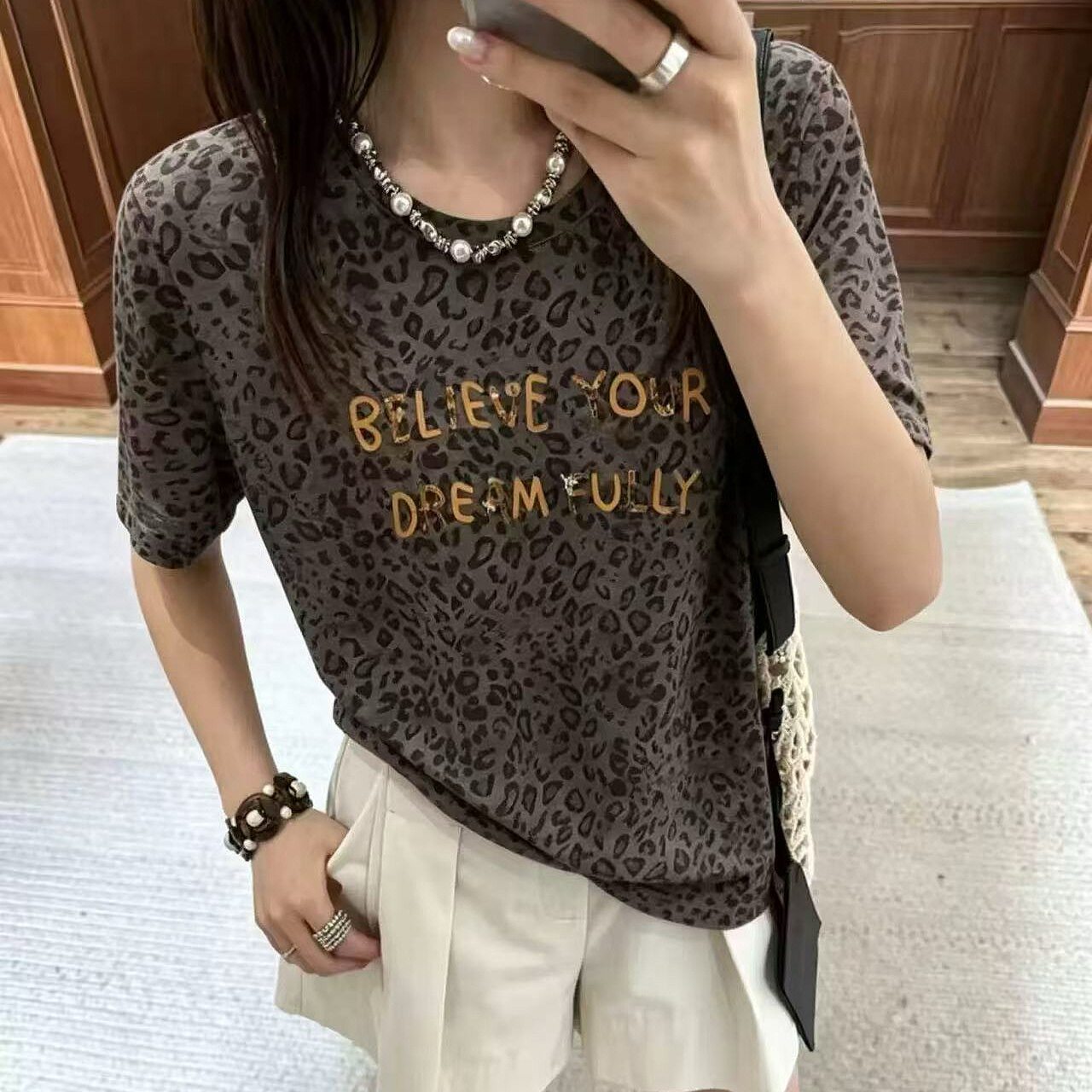 欧洲站复古字母豹纹短袖圆领T恤女夏季慵懒风休闲显瘦短袖上衣潮