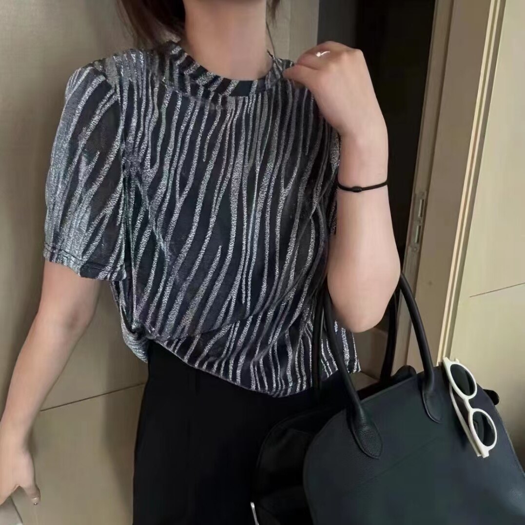 设计感小众印花撞色条纹短袖短款T恤小衫女夏季洋气百搭上衣潮