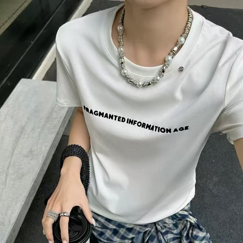 2026春夏新款T恤字母图案百搭弹力修身打底衫女装圆领短袖