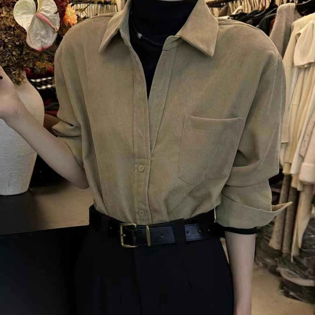 复古港味灯芯绒假两件衬衫女2025秋冬新款设计感小众叠穿洋气衬衣