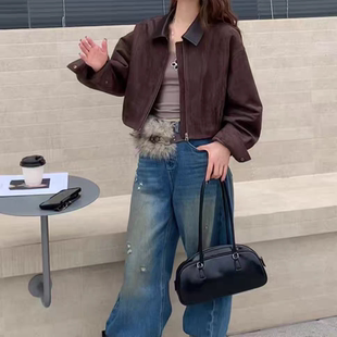 欧版麂皮夹棉短外套女秋冬新款时尚翻领夹克衫短款百搭洋气上衣潮