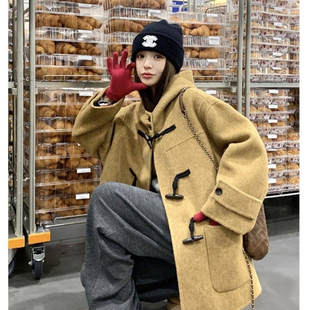 150小个子新款双面羊毛大衣155cm连帽牛角毛呢外套秋冬韩系学院风