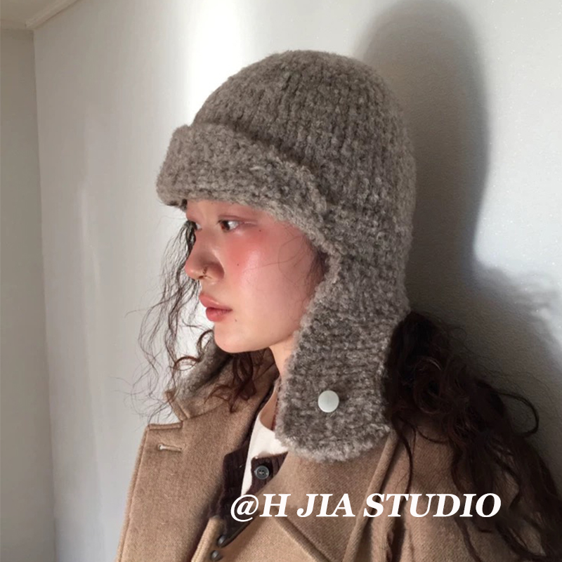 韩国ins羊毛针织护耳帽女秋冬保暖百搭显脸小防寒套头毛线飞行帽