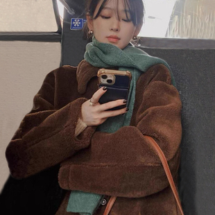 百搭保暖披肩围脖 高级感韩版 复古显白绿色针织围巾女冬季 2025新款