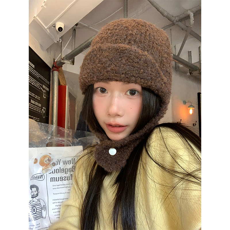 韩国ins圈圈羊毛针织飞行帽女冬显脸小护耳套头保暖毛线雷锋帽子